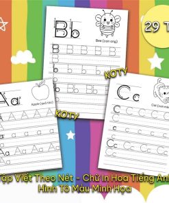 Bộ 26 Tờ Giấy Tập Viết Chữ In Hoa Theo Nét Tiếng Anh  - Hình Tô Màu Minh Họa - Song Ngữ Anh Việt TA04