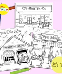 Bộ 20 Tranh Tô Màu Chủ Đề Địa Điểm - Nơi Chốn - Đồ Chơi Giấy Tranh Vẽ Sẵn Bé Tập Tô Màu TT01