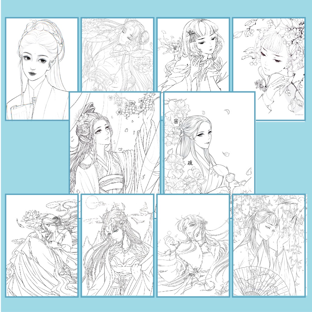 Tranh tô màu nước lineart anime chân dung trung quốc bộ 10 tranh giấy 4 images upload woo2F1b6f068110f660334686ec26a50e822a