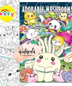 line art tranh tô màu nước bộ adorable mushrooms  combo12tranh khổ A5, giấy dầy đẹp TM161