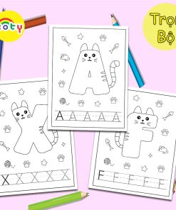 Set 50 Tờ Bảng Chữ Cái Tiếng Anh Và Chữ Số Hình Mèo Cute Cho Bé - Tiệm Tô Màu TM44