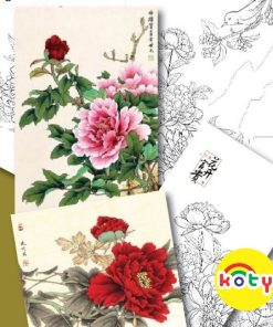 line art tranh tô màu nước chủ để hoa mẫu đơn cổ combo 10 tranh TM114