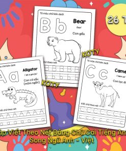 Bộ 26 Tờ Giấy Tập Viết Chữ Theo Nét Chữ In Hoa - In Thường Song Ngữ Tiếng Anh - Việt - Tô Màu Hình Minh Họa Cho Bé TA13