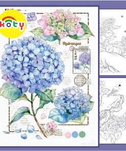 Tranh tô màu nước "Hoa Tú Cầu" bộ 12 tranh khổ A5 giấy dầy đẹp