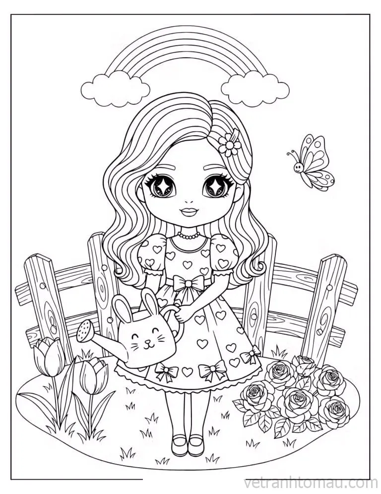 Coloring Page Of Kawaii Barbie Watering Flowers Under A Rainbow 768X994 Result